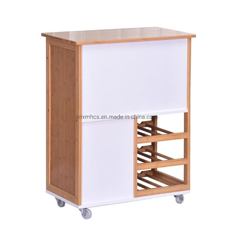 Bamboo Wooden Rolling Trolley Modern Kitchen Islands Cart Kitchen Cabinet with Wine Rack & Wheels Wood Products Household Storage Rack