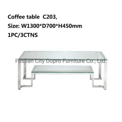 Dopro New Design Modern Stainless Steel Polished Shiny Coffee Table C203, with Clear Tempered Glass