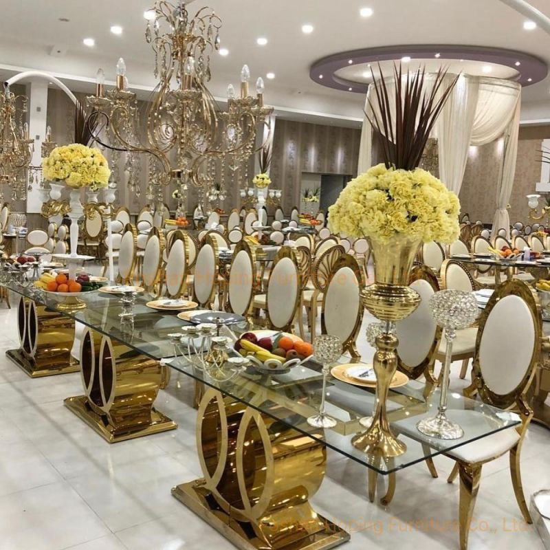 Classic Hotel Banquet Silla Stainless Steel Luxury Golden Stacking Round Back Metal Restaurant Wedding Banquet Chiavari Dining Room Table Furniture Chair