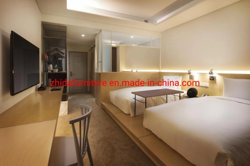 Simple Japanese Hotel Guest Room Furniture Living Room Modern Apartment Bedroom Set Wooden Double Bed Furniture with LED Light Headboard