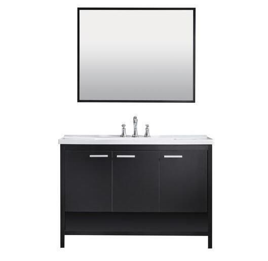 Black Vanity and White Ceramic Vanity with Rectangular Integrated Bowl and Mirror