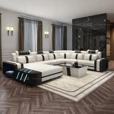 New Design Modern Style Functional Living Room Furniture Set Black White LED Sectional Genuine Leather Sofa