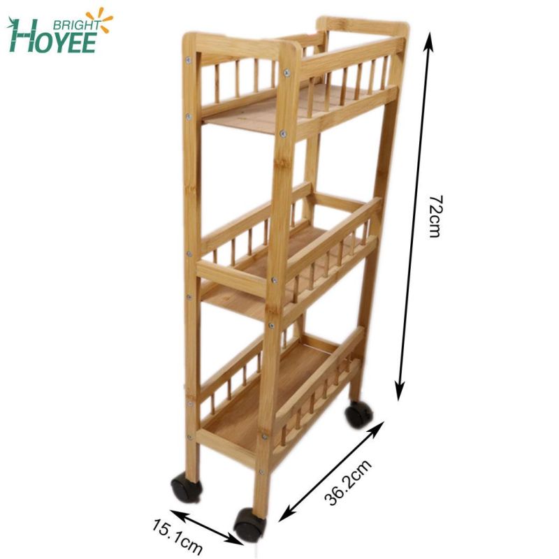 Natural Bamboo Serving Rack Rolling Kitchen Trolley Cart