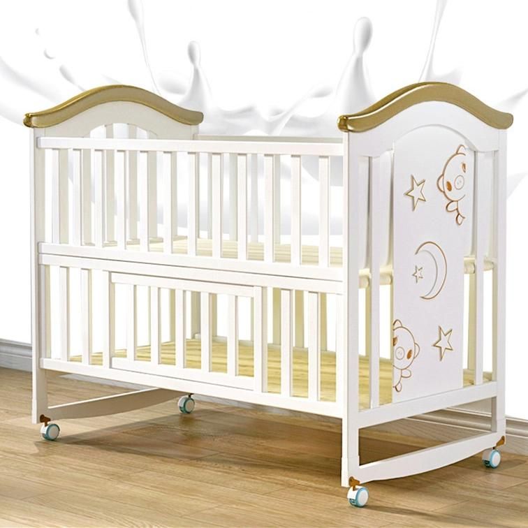 White Color and Solid Wood Style Baby Cot Bed Bedroom Furniture with Safety Fence