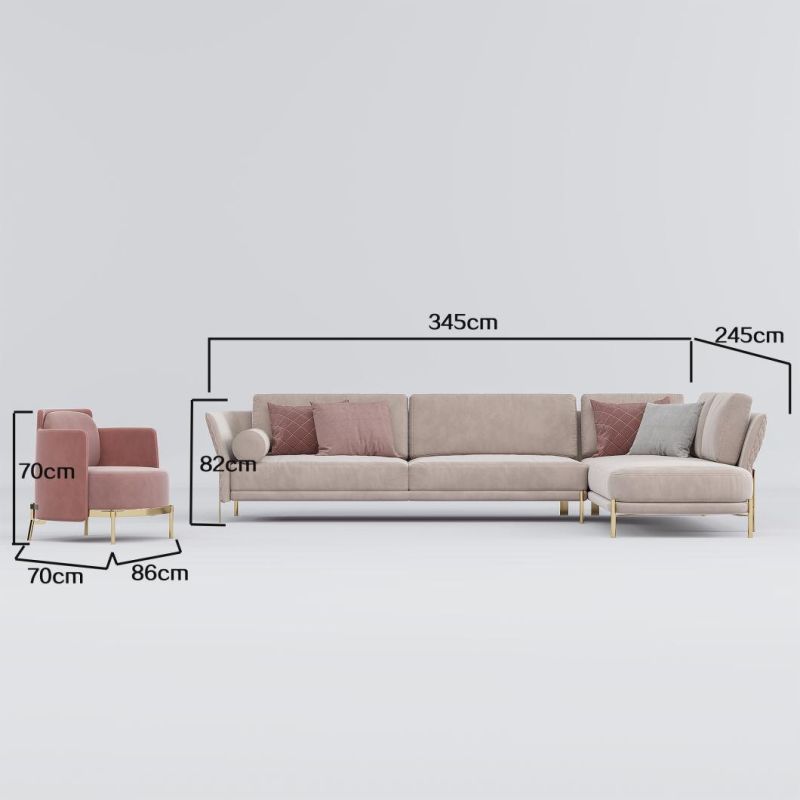 Promotional Velvet L Shape Home Living Room Furniture Modern Style Fabric Leisure Sofa with Single Chair