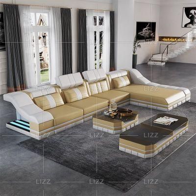 Furniture European Leather Living Room Sofa Couch with LED Light Sofa From China