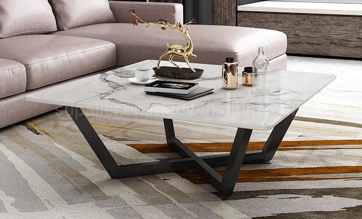 Popular French Black Metal Center Coffee Table With Marble