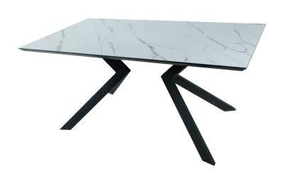 Modern Home Restaurant Kitchen Furniture Table Set Tempered Glass Imitation Marble Table Top Dining Table with Steel Tube Leg
