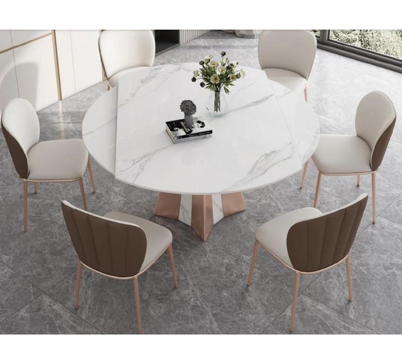 High End Modern Home Dining Furniture Elegant Marble Top Stainless Steel White Round Extendable Dining Table Set