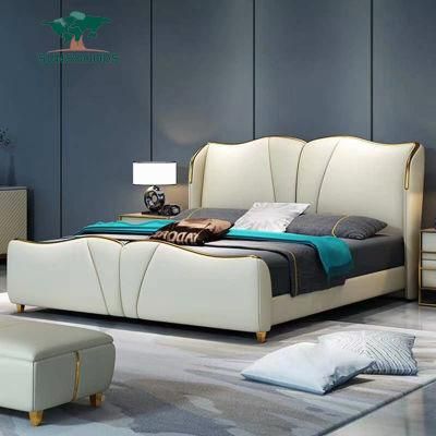 Psc- (66) Modern Sleeping Latest Design Double Queen King Size Hotel Bedroom Furniture Set Upholstered Genuine Leather Bed Frame