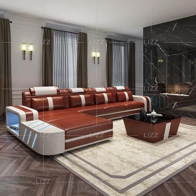 Hot Selling Modern European Style Italy L Shape Brown Home Real Genuine Leather Sofa Set LED Sectional Living Room Furniture