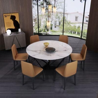 Modern Home Furniture Luxury Stainless Steel Round Table Dining Set with Leather Chairs