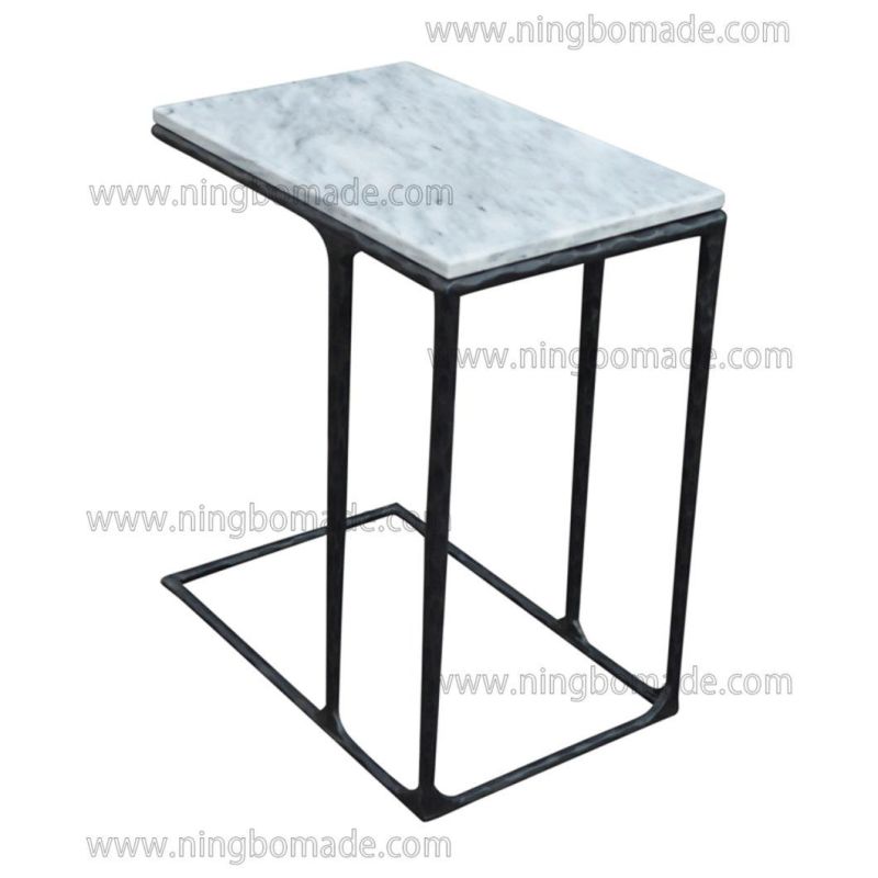 Thaddeus Sculptural Forged Collection Cloud Marble Top Antique Black Solid Metal Base Sofa Table