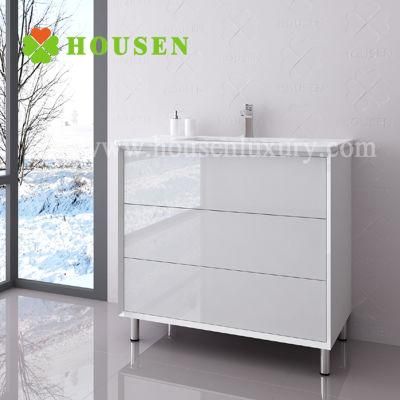Modern Simple White Floor Mounted Bathroom Furniture with Ceramic Basin and Cabinet Feet