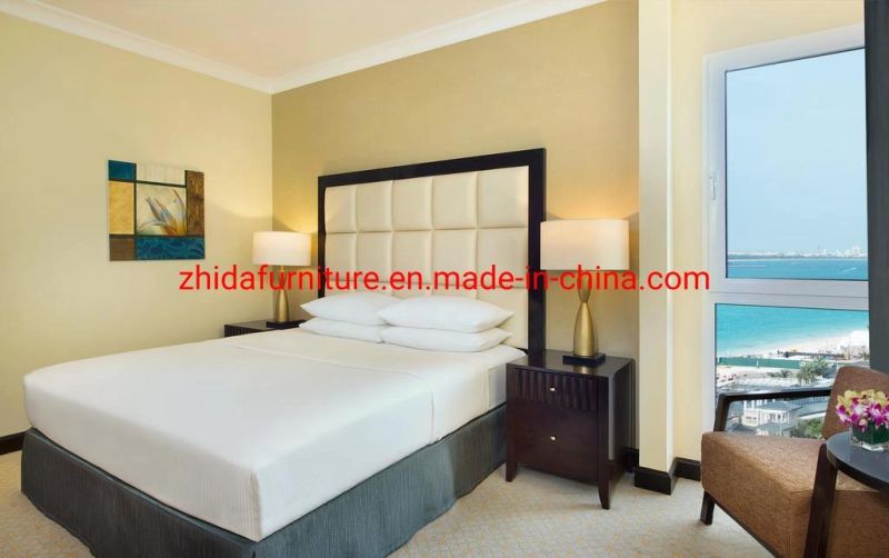 Standard Hotel Apartment 3 Star Wooden Master Bedroom Furniture Set King Queen Size Wood Bed with Leather Headboard