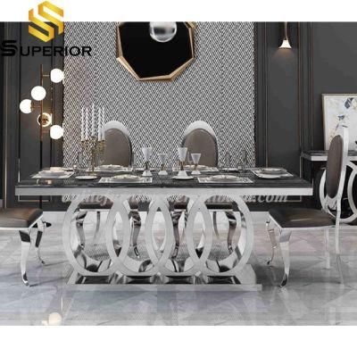 Silver Chrome Frame Marble Dining Table with 6 Seaters Chairs
