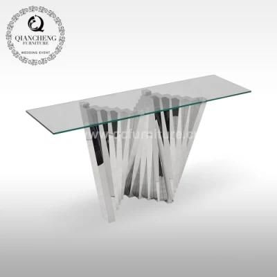 Modern Silver Stainless Steel Rectangle Glass Console Table for Home