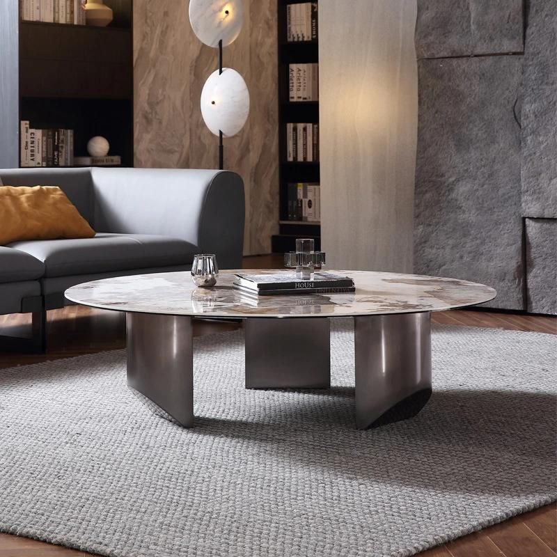 Home Furniture Titanium Round Blue Marble Rock Beam Coffee Table