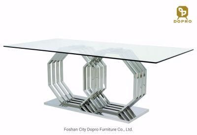 Hexagon Shape Leg Simple French Style Clear Glass Dining Table for Home Furniture