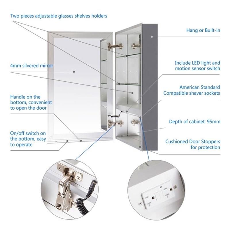 Bathroom Vanity Cabinet Wall Medicine Mirror Cabinet with Light MDF/PVC/Wooden/Aluminum Profile Cabinet