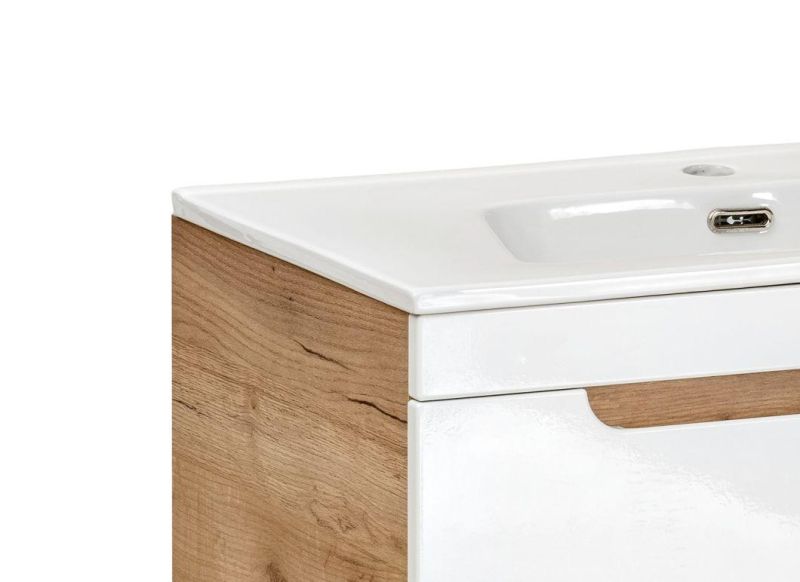 600mm Oak Modern Wall Vanity with Sink Bathroom Cabinet Unit Drawers