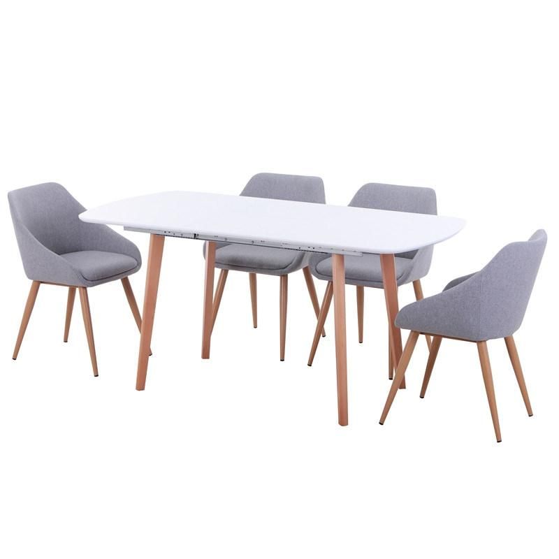 Luxury White Expandable Extra Length Table High Quality Indoor Fabric Soft Cushion Seat Wooden Legs Chairs Dining Room Set