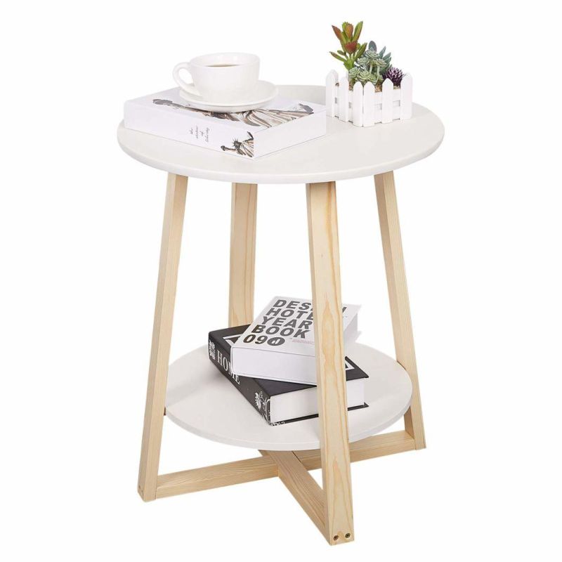Round Sofa Side End Table with 2-Tier Storage, White Sofa Small Side Table for Home Office Living Room Bedroom Furniture