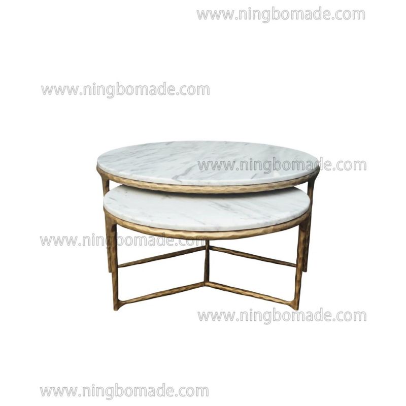 Thaddeus Sculptural Forged Collection Cloud Marble Top Light Brass Solid Forged Metal Base Nest Table