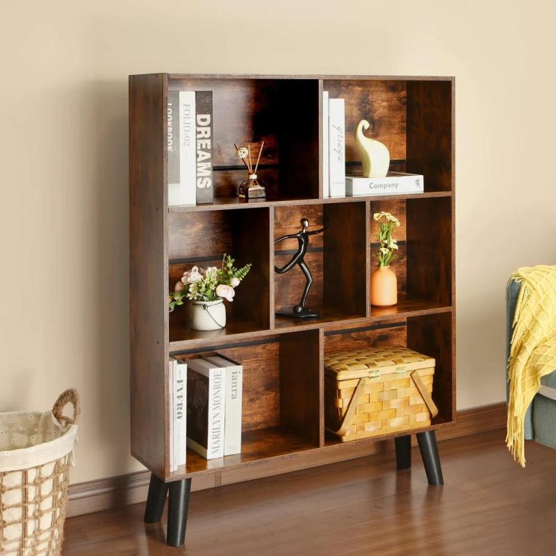 Cube Bookshelf 3 Tier MID-Century Modern Bookcase with Legs, Retro Wood Bookshelves Storage Shelf, Free Standing Open Book Shelves, Rustic Brown Display
