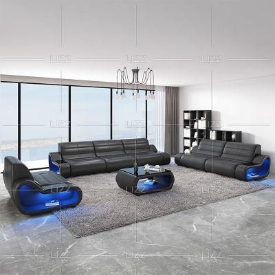 Commercial Home Hotel Office Furnitur E Modern Luxury Functional LED Geniue Leather Sectional Sofa