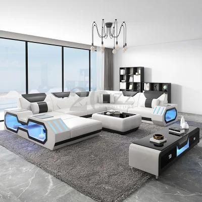 European Style Leather Home Furniture Set Living Room Leisure Sectional Corner LED Sofa