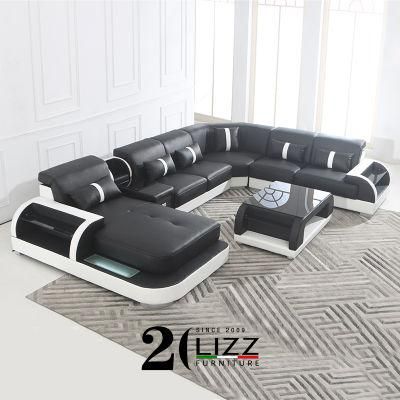 Good Quality Modern Lounge Style Italian Leather Office Furniture Sectional Sofa Set with LED Lighting
