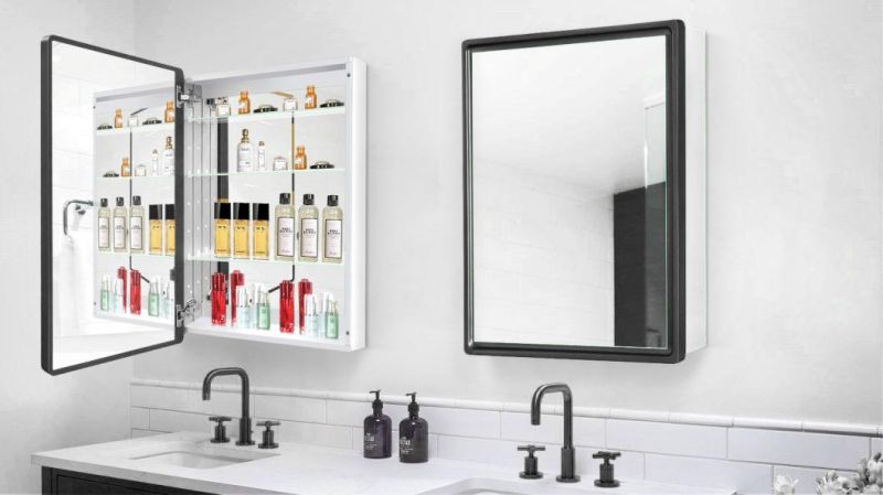Aluminum Bathroom Mirror Cabinet Black Wood Framed Wall Aluminum Alloy Waterproof Medicine Cabinet Northern Europe Storage Hanging Cabinet with Single Door for