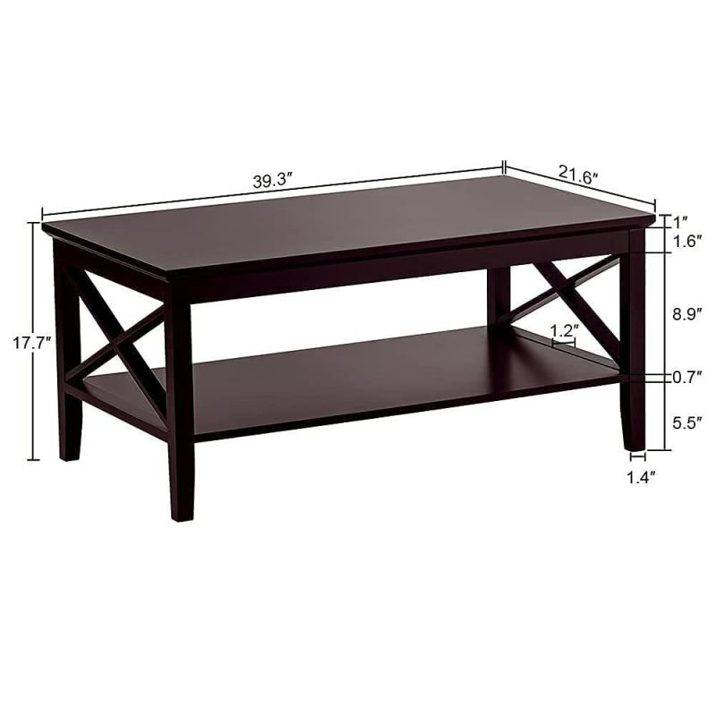 Coffee Table, Black Wood Living Room Table with Shelf, 40 Black