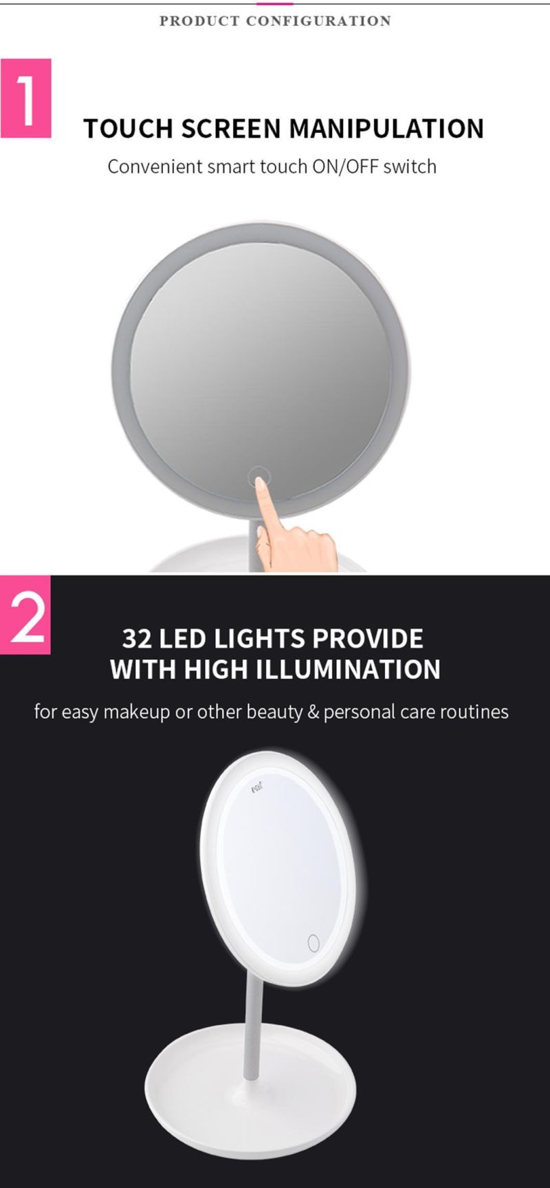 Pritech Wholesale Touch Screen Round LED Light Cosmetic Makeup Mirror