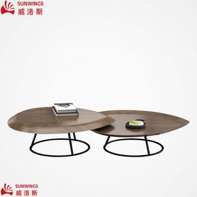 Modern and Simply Metal Leg with Concave and Convex Arc Solid Wood Top Coffee Table for Hotel