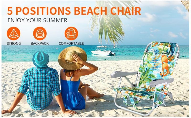 Folding Backpack Beach Chair, 5 Positions Beach Chair with Large Cool Bag and Cup Holder, Support up to 300 Lbs (2 PCS, Cyan)