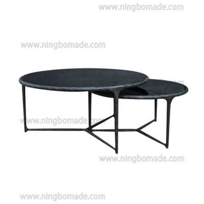 Thaddeus Sculptural Forged Collection Black Tempered Glass Top Antique Solid Forged Metal Base Nest Table