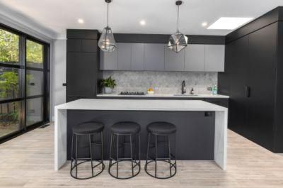 Innovative Kitchen Solution L-Shaped Dark Black Frameless Cupboard Waterfall Island Design Wooden Kitchen Cabinets
