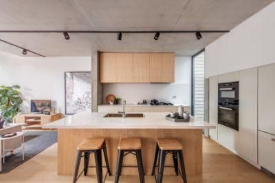 L-Shaped Wooden Grain with Light Grey Cupboard Kitchen Cabinets