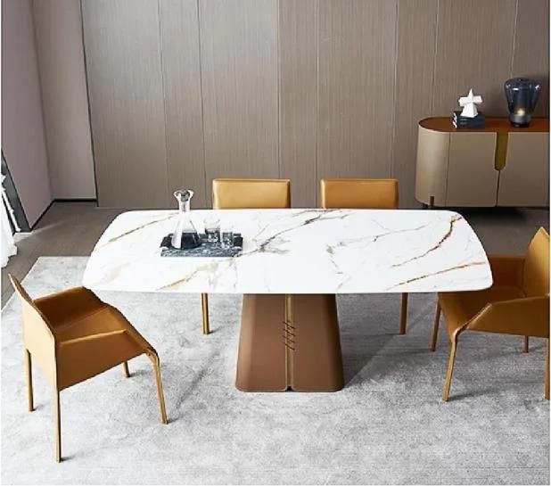 Modern Living Room Rock Board Furniture Four Legged Metal PU Leather Dining Table