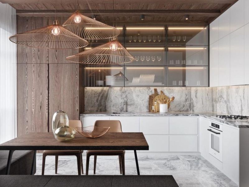 Factory Custom Modern Furniture Aluminium Frame Glass Finish Solid Wood Kitchen Cabinets