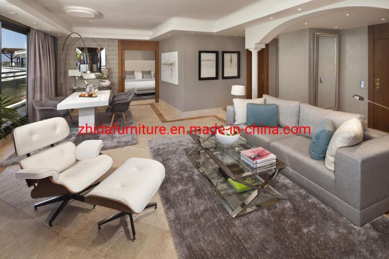Luxury 5 Star Standard Seaside Hotel Apartment Living Room Villa Bedroom Furniture Wooden King Size Bed with Button Design Headboard for Project