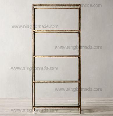 Rustic Hand Hammered Collection Furniture Forged Solid Iron Metal with Brass Color Thick Tempered Glass Book Shelf