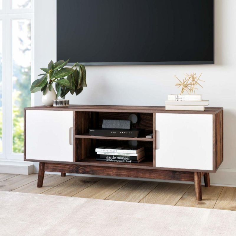 TV Stand Media Console with Wooden Frame and Cabinet Doors