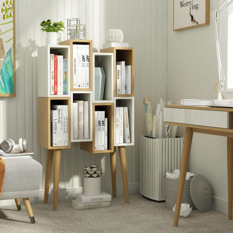 Cube Bookcase 2 Tier Modern Bookcase with Legs, Wood Bookshelves Leg Bookcase, Free Standing Open Book Shelves, Oak Display Bookcases for Bedroom, Living Room