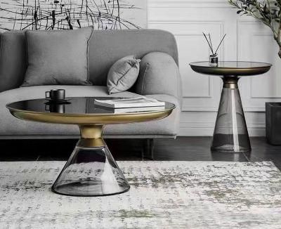 Italian Modern Luxury Golden Stainless Steel Top Color Glass Big Round Bottle Centre Coffee Table for Dining Room