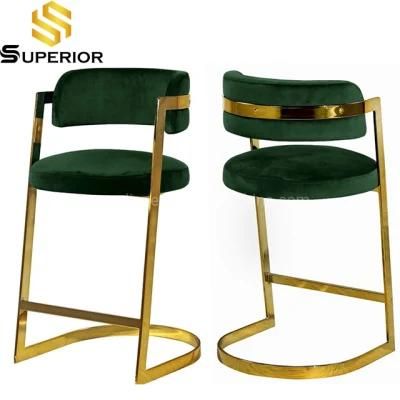 Gold Stainless Steel Green Velvet High Bar Chairs with Arms