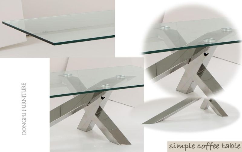 Hot Sale Stainless Steel Cross Stand Coffee Table with Glass Top