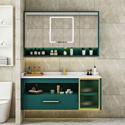 Green Color Exquisite Exterior Design Wall Mounted Irregular Design Galss Door Bathroom Vanity Cabinet with LED Mirror Cabinet